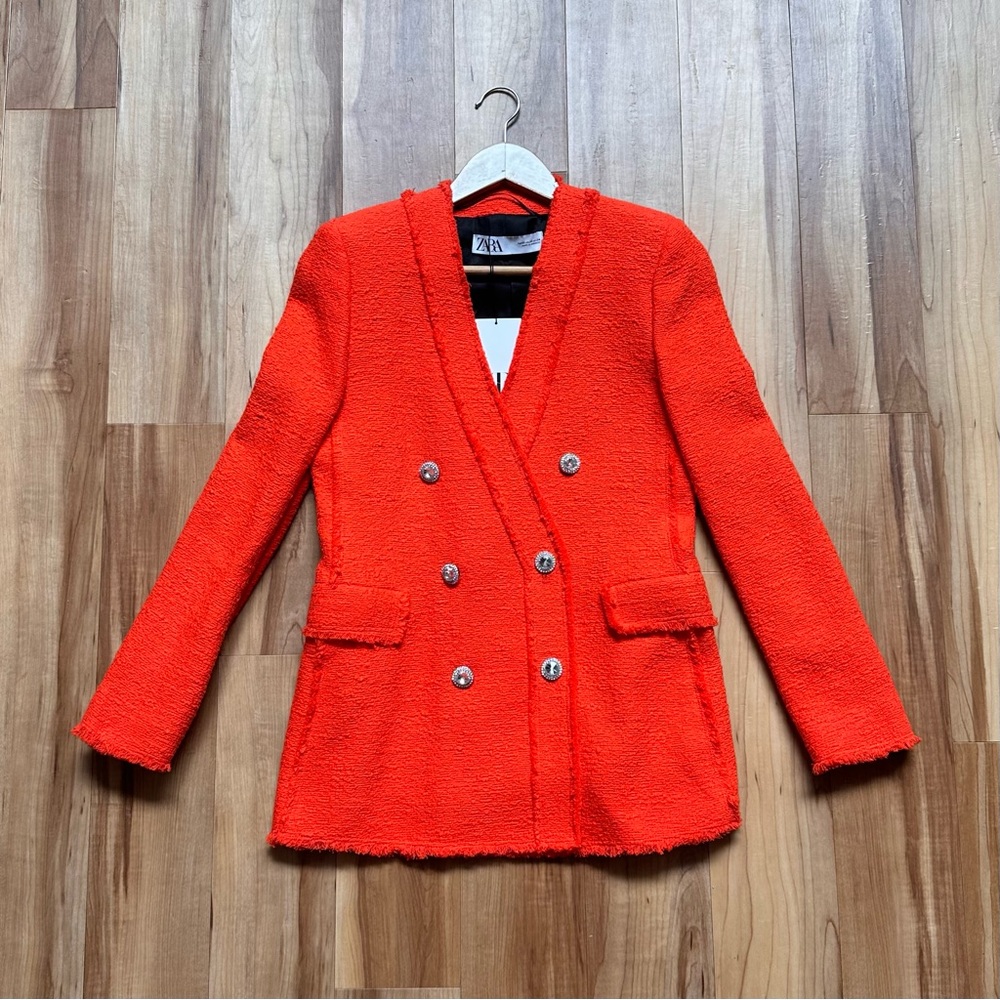 Zara Womens Bright Orange Jeweled-Buttoned Tweed Blazer size XS